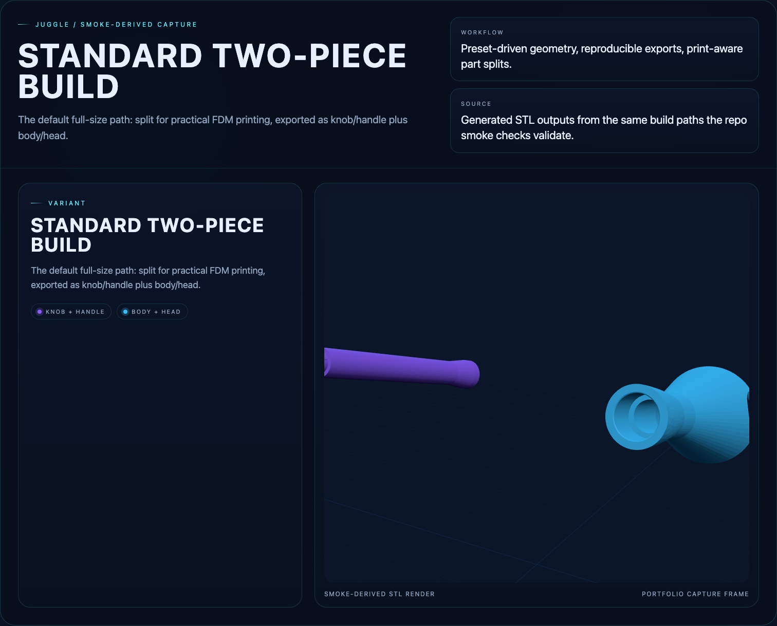 Juggle standard two-piece club build rendered from generated STL files