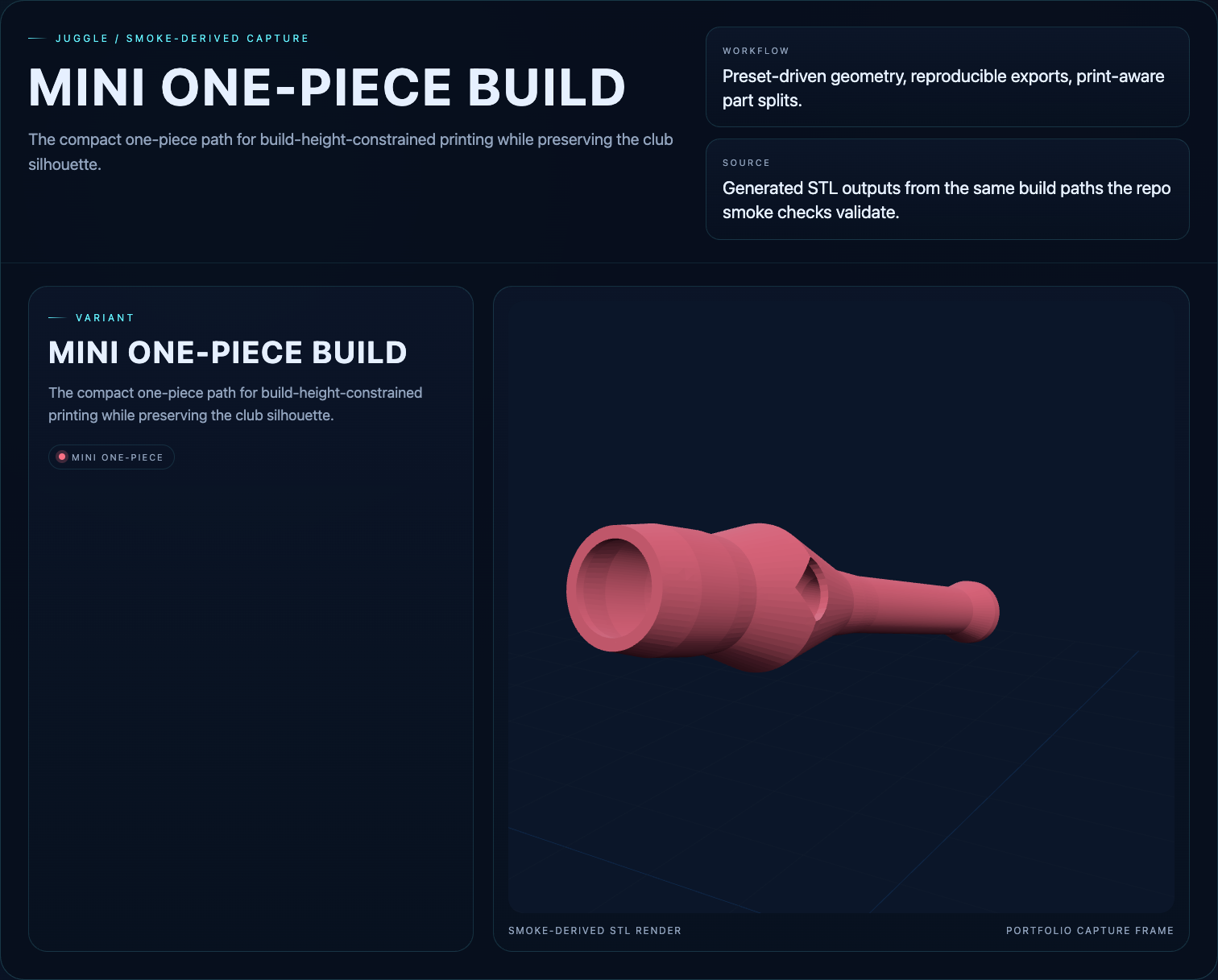 Juggle mini one-piece club build rendered from generated STL files
