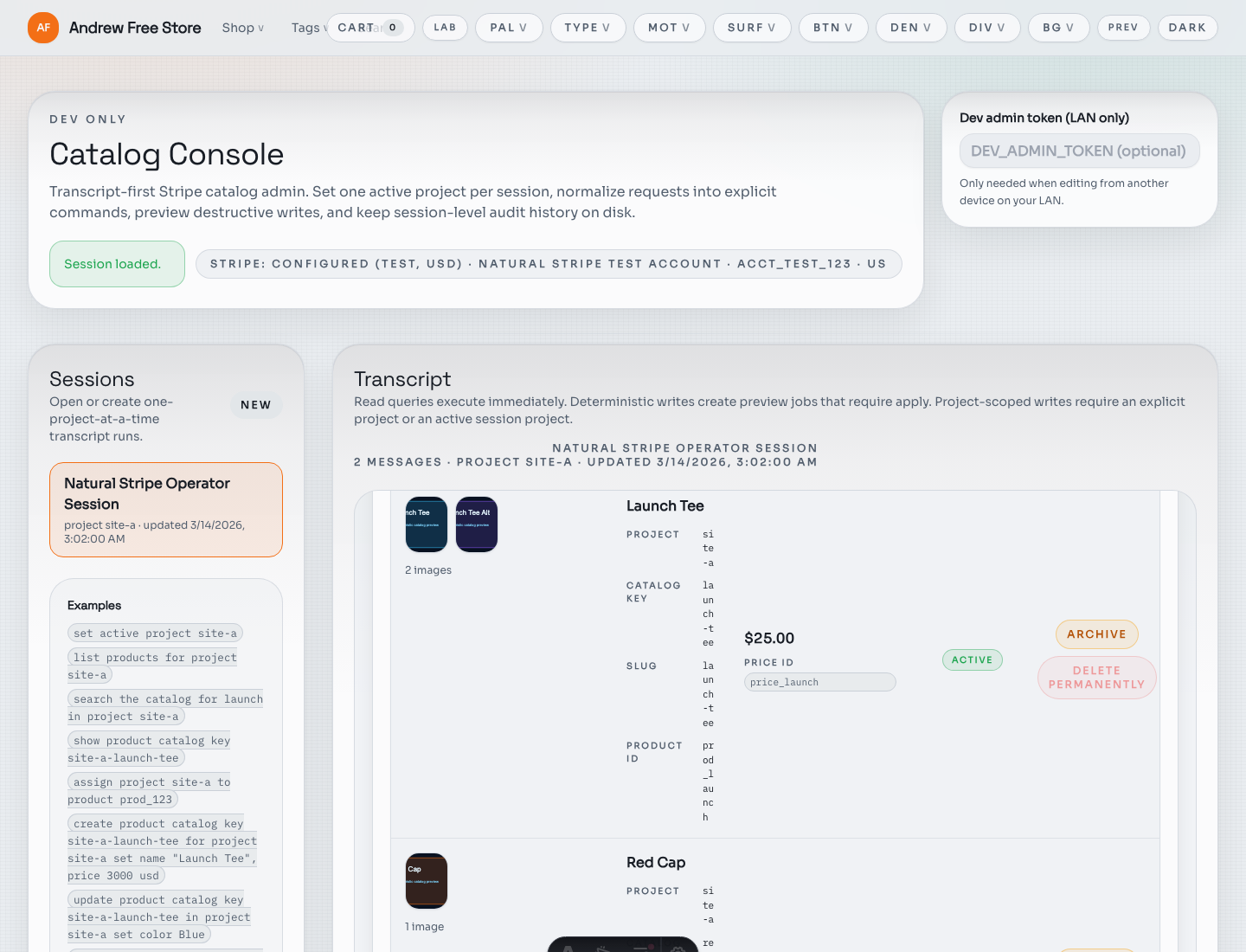 Natural Stripe operator console rendered inside my-store dev catalog